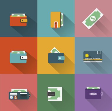 money in wallet icons set