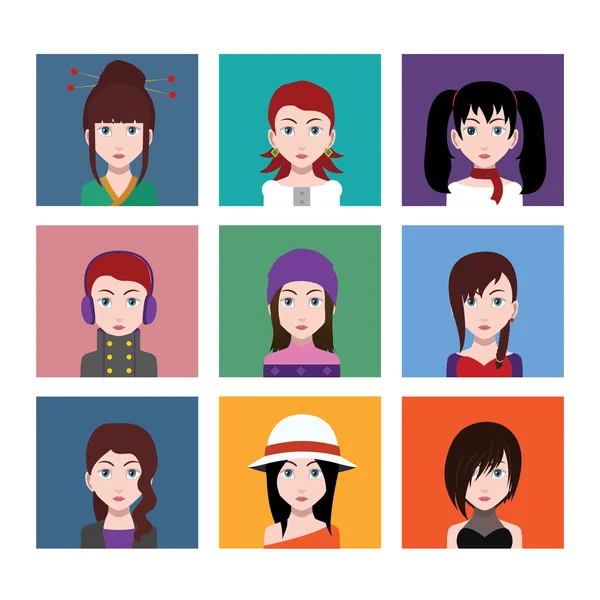 Conjunto de ícones de avatar desenhos animados femininos — Vetor de Stock