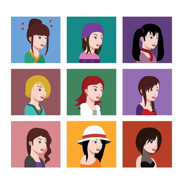 Conjunto de ícones de avatar desenhos animados femininos — Vetor de Stock