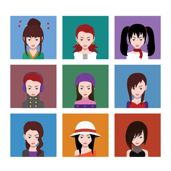 Conjunto de ícones de avatar desenhos animados femininos — Vetor de Stock