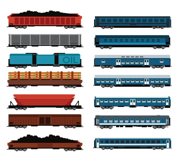 Conjunto de vagões ferroviários de carga e de passageiros — Vetor de Stock