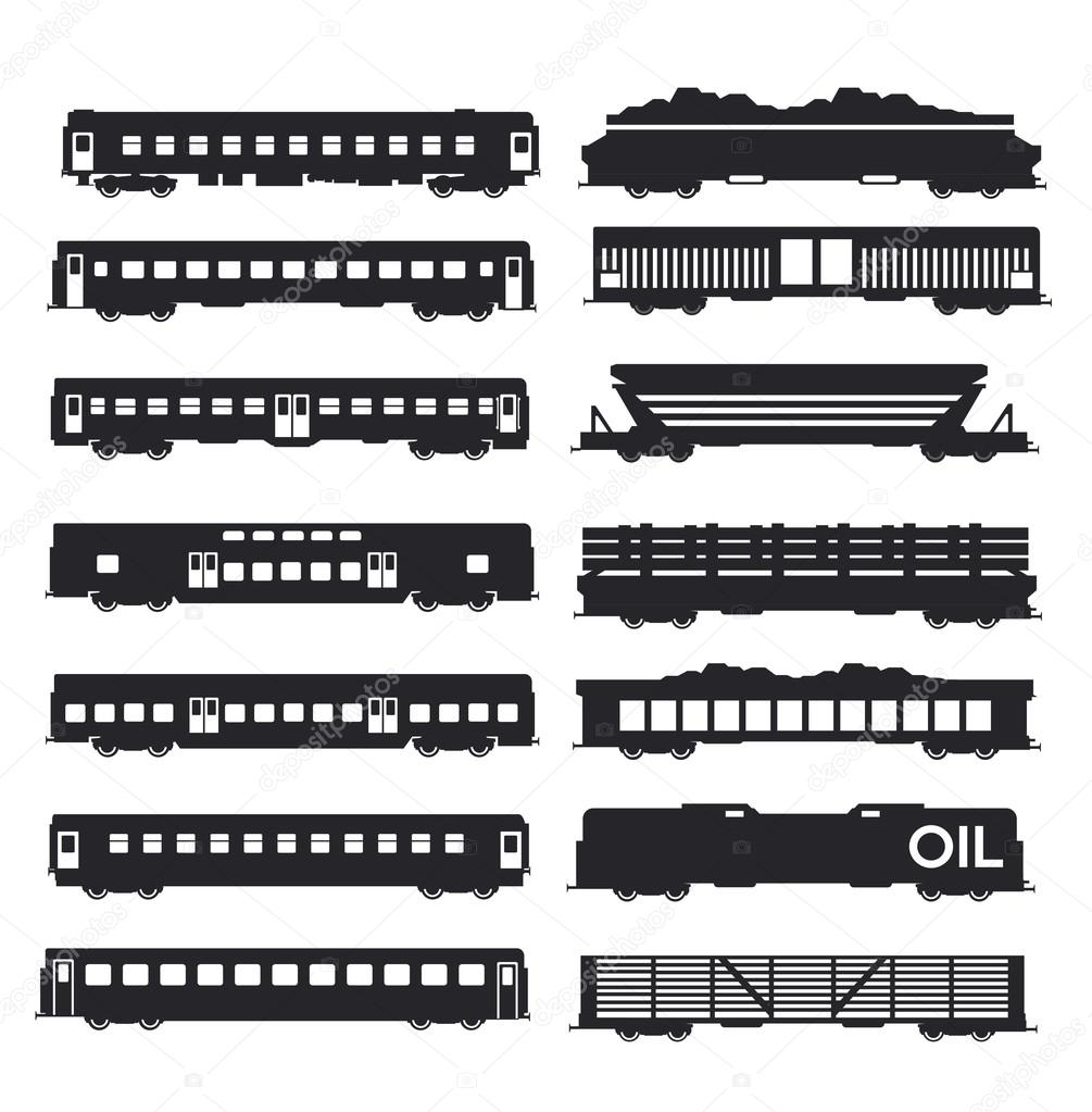set of cargo and passenger railroad cars