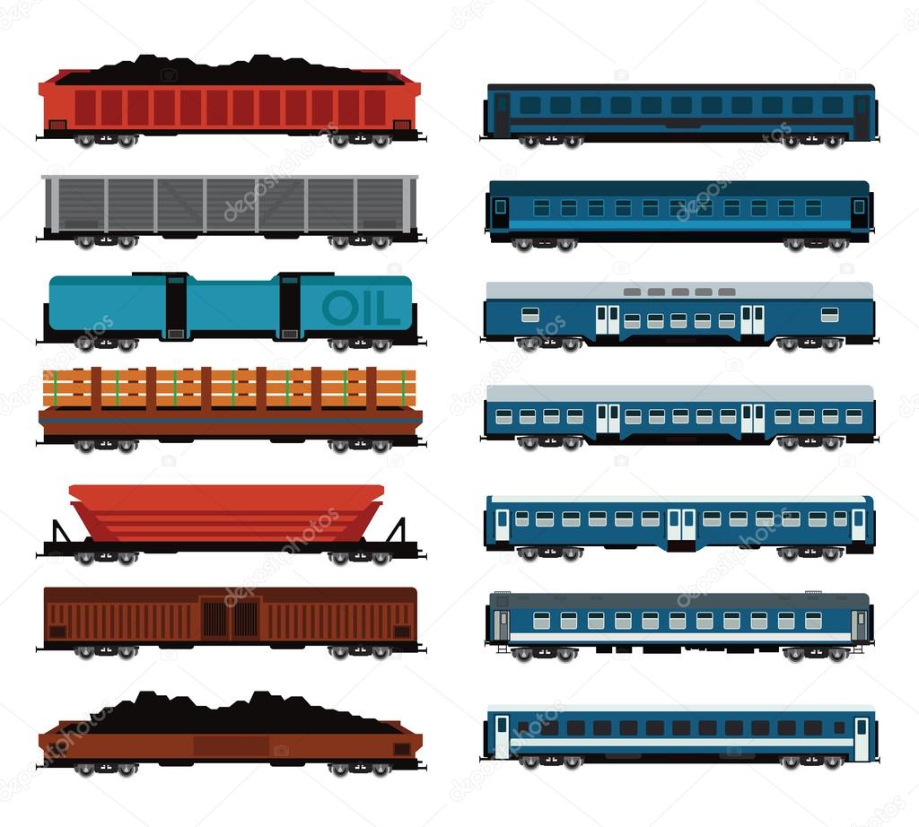 set of cargo and passenger railroad cars