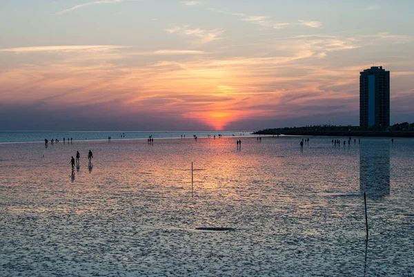 在夏夜日落时俯瞰海滩和Buesum堤坝. — 图库照片