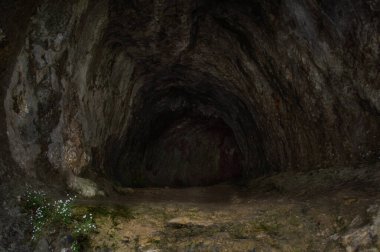 Plitvitzer Ulusal Parkı 'ndaki karanlık, tünel gibi bir mağaranın girişine bakın..