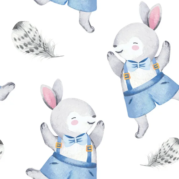 Seamless pattern, watercolor illustration with cute baby bunny and feathers