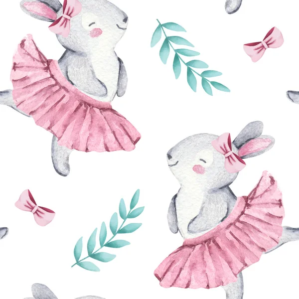 Naadloos patroon, aquarel illustratie met schattige baby konijntje en bladeren — Stockfoto