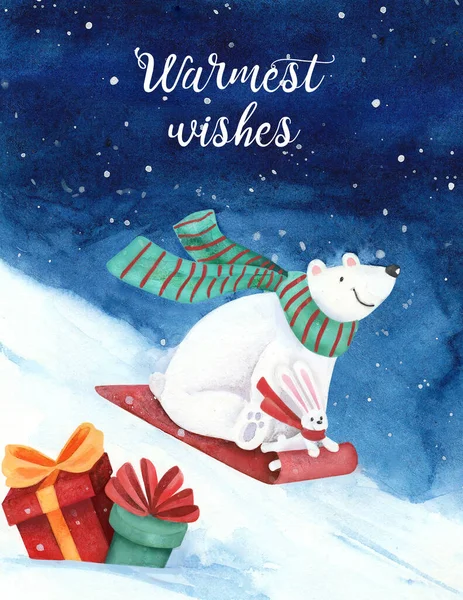 Carte de Noël, aquarelle avec ours blanc et traîneau à lapin — Photo