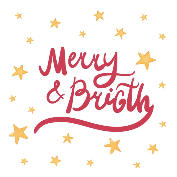 Merry and Bright letting, premade card with handwritten letting — стокове фото