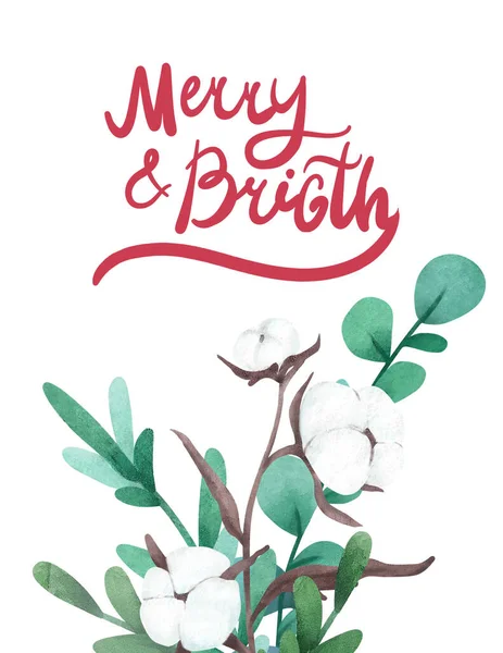메리와 밝은 크리스마스 카드, 크리스마스 부케와 워터 컬러 삽화 — 스톡 사진
