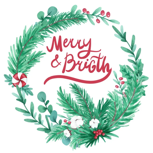 Veselé a světlé karty, akvarel ilustrace s vánoční věnec — Stock fotografie