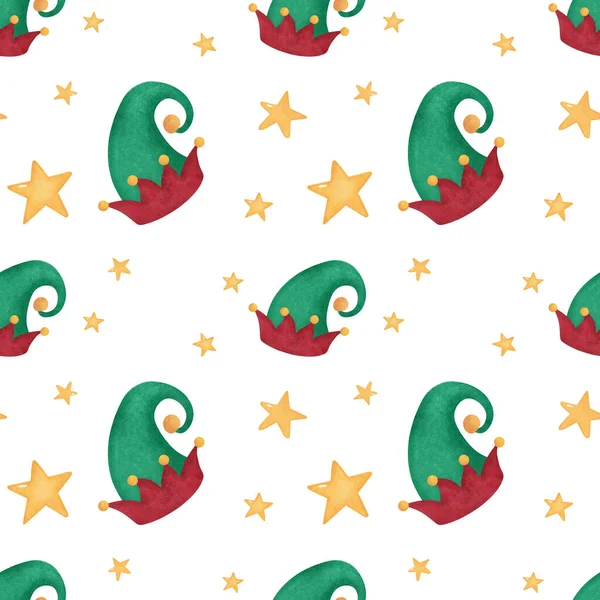Акварель Різдвяний безшовний візерунок. Рука намальованих ельфів капелюхів і зірок — стокове фото