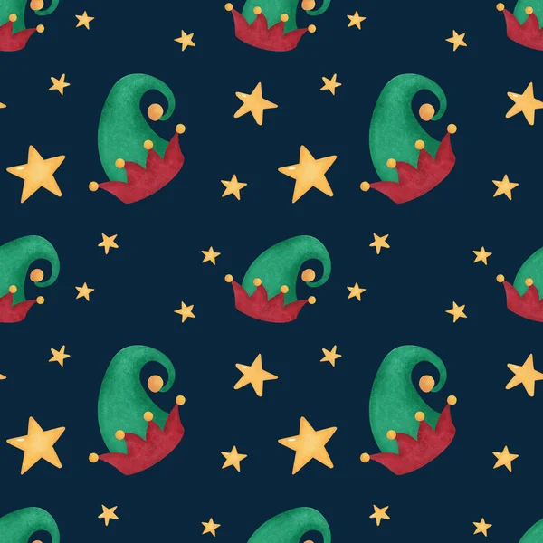 Suluboya Noel kusursuz desen. Elle çizilmiş elf şapkaları ve yıldızları