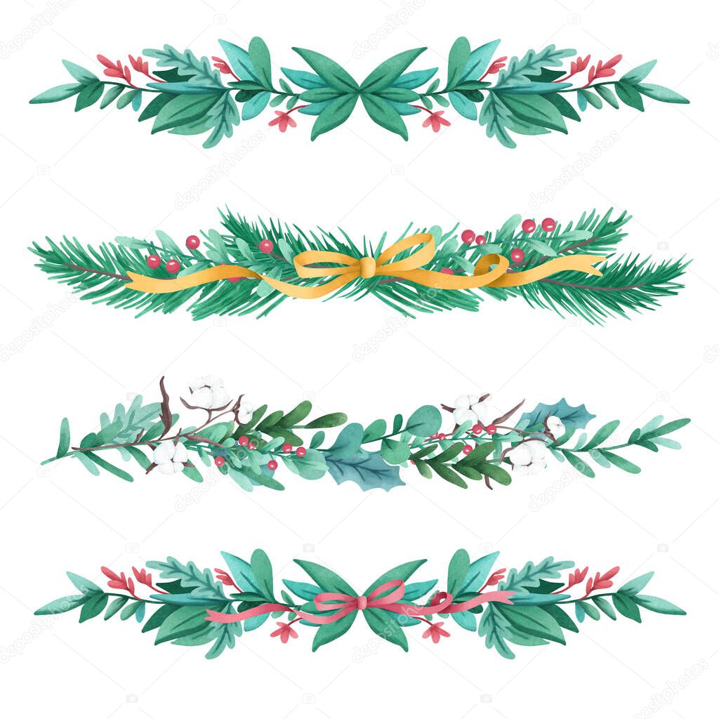 Christmas flowers borders, watercolor illustration with flowers, leaves and bows