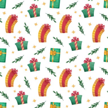 Suluboya Noel kusursuz desen. El yapımı hediyeler, yapraklar ve yıldızlar,