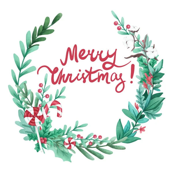 Veselé vánoční přání, akvarel ilustrace s vánoční věnec — Stock fotografie