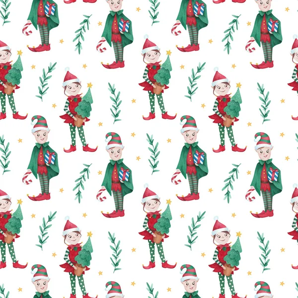 水彩クリスマスシームレスパターン。手描きのエルフ、贈り物と葉 — ストック写真