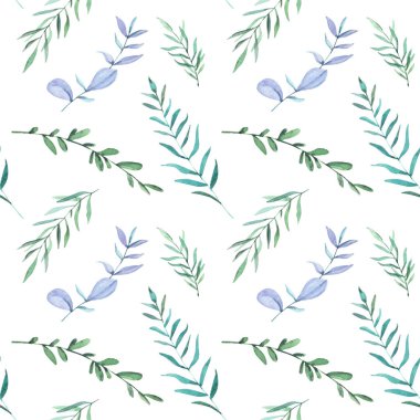 El yapımı suluboya yeşil yapraklar çiçek desenleri. Suluboya yaprakları, beyaz arkaplanda izole.