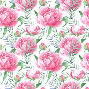 El çizimi suluboya şakayık çiçekli desen. Suluboya pembe şakayık çiçekleri