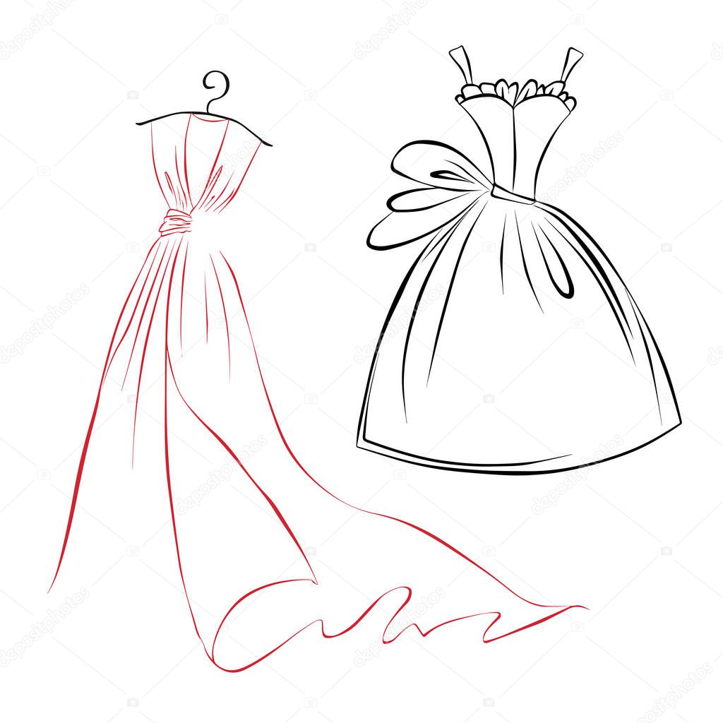 Fashion boutique dress with shoulder hanger, vector illustration. Clothes hanger, tailor logo design. Sewing logo template, formal dress sketch. Hand drawn dressmaker logo, elegant wedding party dress