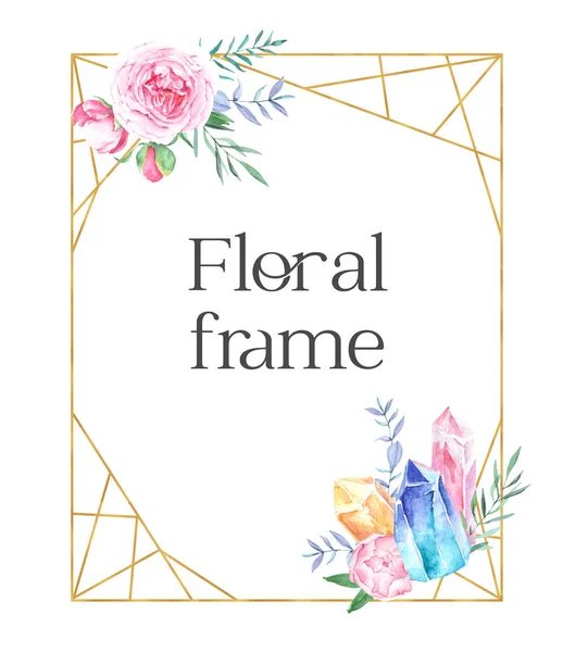 Handgetekend aquarel gouden frame met roze pioenrozen en kristallen — Stockfoto