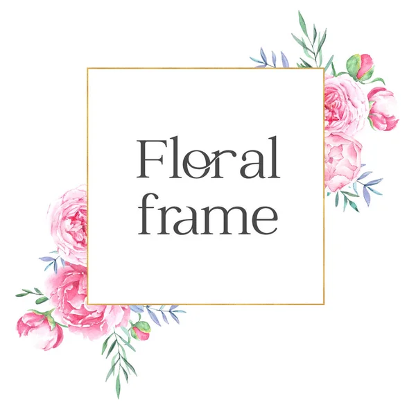 Handgetekend aquarel gouden frame met roze pioenrozen en kristallen — Stockfoto