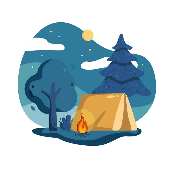 Summer night landscape flat vector illustration with tent, bonfire and forest — Stock Vector