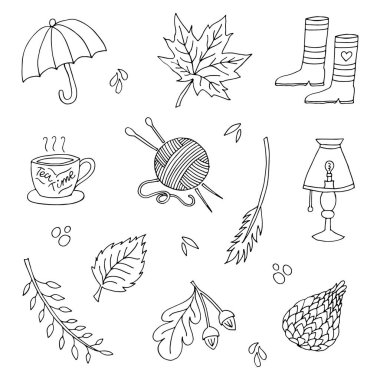 Pankart, etiket, poster, broşür, takvim, giysi ve reklam tasarımı için sonbahar nesnelerinin vektör çizimi. Şablon, arkaplan, reklam panosu, baskı için desen. Çizim