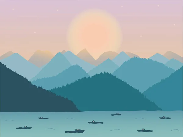 Ilustração Vetorial Paisagem Montanhosa Com Lago Durante Pôr Sol Que — Vetor de Stock
