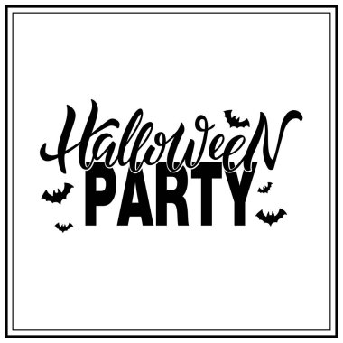 Cadılar Bayramı partisinin posterleri, tabelaları, el ilanları, kartpostallar, davetiyeler, tatil aksesuarları, web tasarımı, baskılar için vektör illüstrasyonu. Dokusu olan el yazısıyla yazılmış bir metin, çizilmiş bir balkabağı ve bir yarasa.