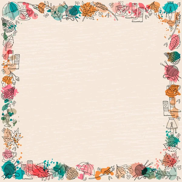 Vector Illustratie Van Herfst Achtergrond Met Doodle Frame Met Aquarel — Stockvector