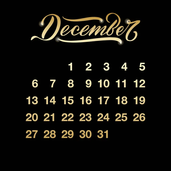 バナー ポスター グリーティングカード ショップ広告 お土産 カレンダーデザインのための2021年12月のカレンダー葉のベクトルイラスト 黒の背景に手書きの文字を持つ黄金の数字 — ストックベクタ