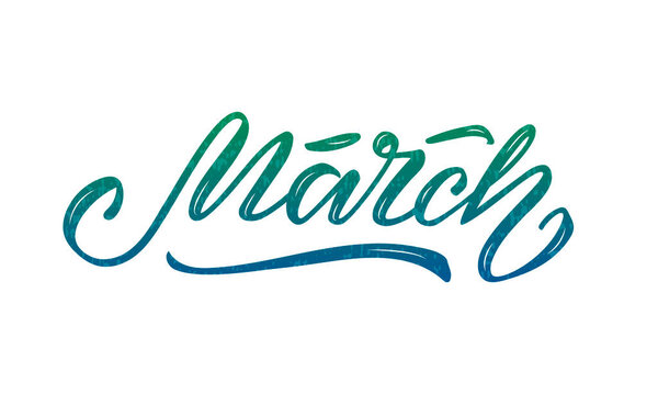 Vector illustration of March lettering for banner, signage, poster, greeting card, shop advertisement, souvenirs, calendar design. Handwritten blue and green isolated word with texture 
