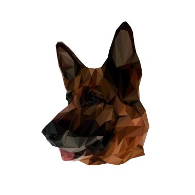 Çobanın düşük polimerli bir temsili. Bir evcil hayvan dükkanı veya köpek barınağı kataloğu, afiş, reklam, web sitesi, kıyafet tasarımı veya baskı için çok renkli çizimler