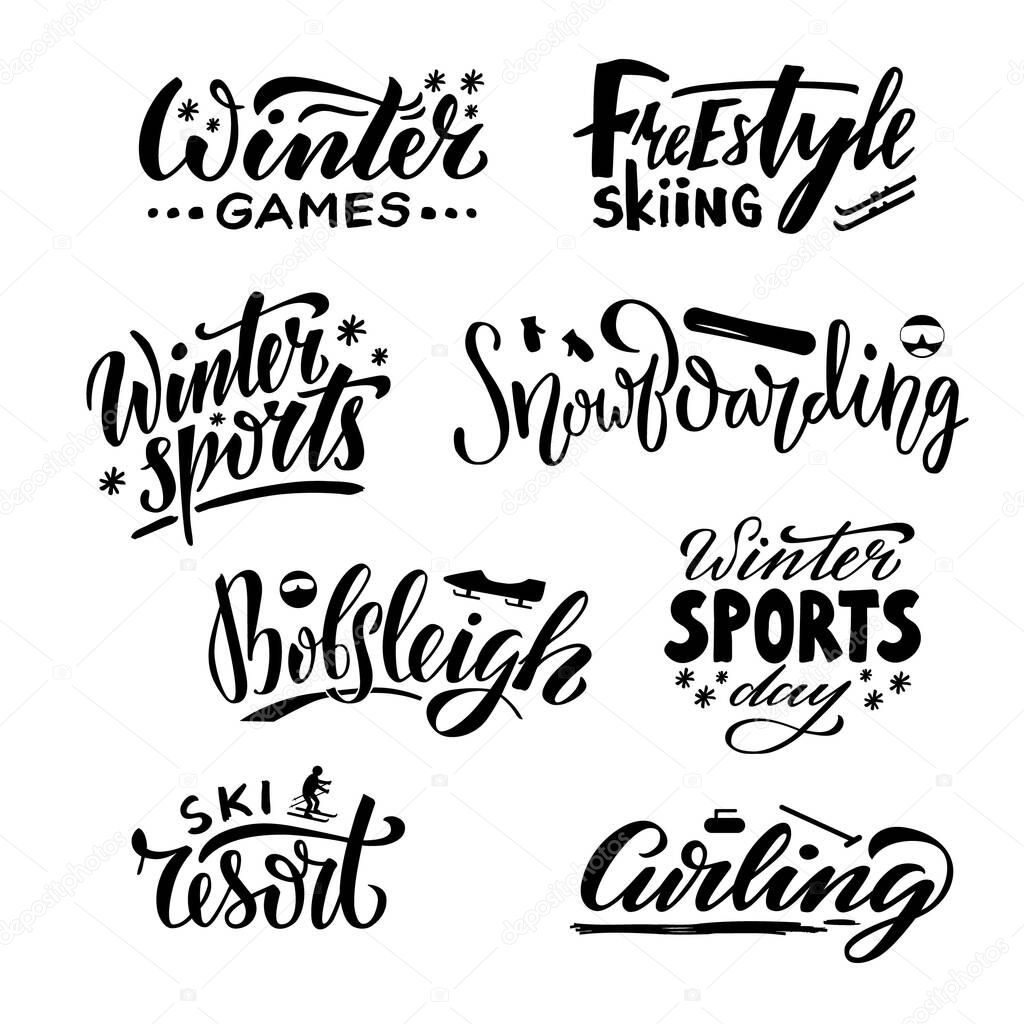 Vector illustration of winter sports emblems with lettering for banner, poster, greeting card, shop advertisement, souvenirs, stickers, clothes design. Handwritten text for web or print