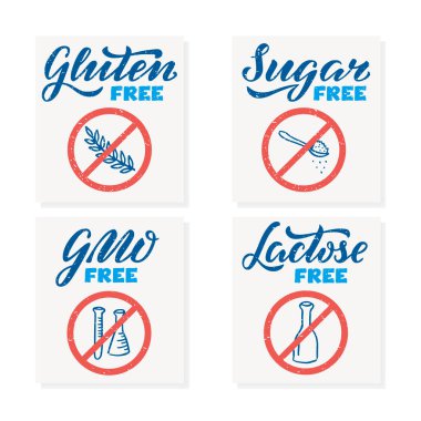 Laktoz, şeker, GDO, afiş, çıkartma, tabela, paket, ürün tasarımı, sağlıklı gıda rehberi, restoran menüsü için glütensiz harfler. Web ya da yazdırma için el yazısıyla yazılmış dekoratif metin