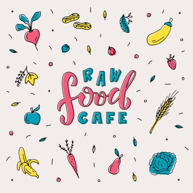 Afiş, poster, tabela, çıkartma, sağlıklı yemek rehberi, menü, paket, ürün tasarımı için ham gıda kafe harflerinin vektör çizimi. Web ya da yazdırma için el yazısıyla yazılmış dekoratif metin