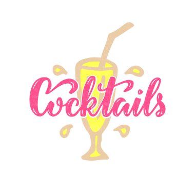 Pankart, poster, tabela, kartvizit, ürün ve menü tasarımı için kokteyl harflerinin vektör çizimi. Dijital kullanım veya yazdırma için el yazısıyla yazılmış yaratıcı yazı