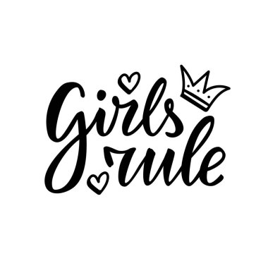 Afiş, poster, reklam, tebrik kartı, tabela, giysi ve ürün tasarımı için kızların vektör çizimi. İnternette ya da çıktılarda kullanılmak üzere el yazısıyla ayrılmış metin
