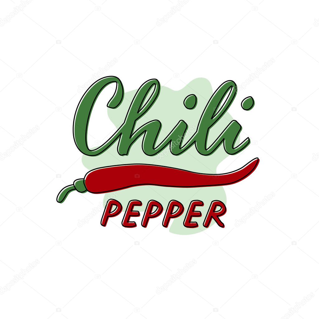 Vector illustration of chili pepper lettering for packages, product design, banner, sticker, spice shop price list and  decoration. Handwritten phrase with a vegetable for web or print