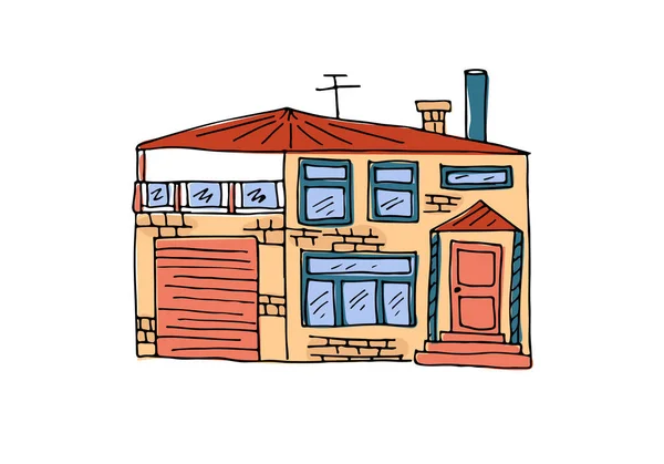 Bir Çizimi Balkonlu Otoparklı Iki Katlı Bir Kulübe Pankart Poster — Stok Vektör