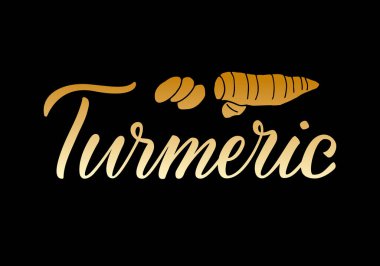 Paketler, ürün tasarımı, afiş, baharat dükkanı fiyat listeleri için zerdeçal harflerinin vektör çizimi. Kökü ve dilimleri olan el yazısıyla yazılmış bir kelime. 