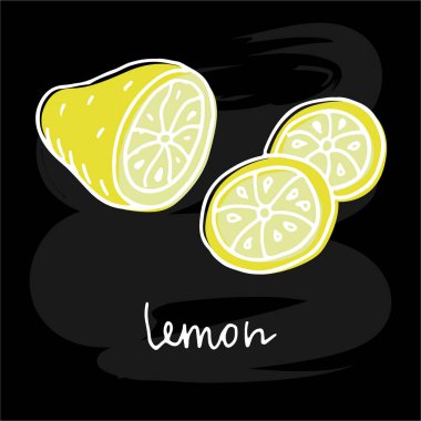 Pankart, poster, menü, reklam, kıyafet tasarımı için el yazısı ve iki dilimle çizilmiş bir limonu temsil eden bir illüstrasyon. Siyah arkaplanda karalama renkli çizim