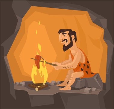 Mağa ra Ada mı mağarada yemek pişiriyor. Vektör düz çizim