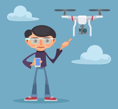 Drone ve adam. Vektör düz çizim