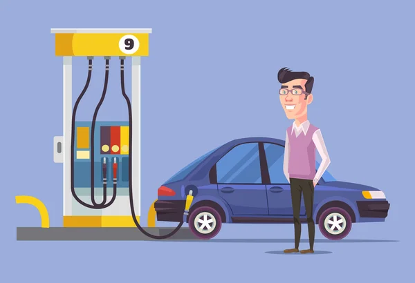 Posto de gasolina e homem. Ilustração plana vetorial —  Vetores de Stock