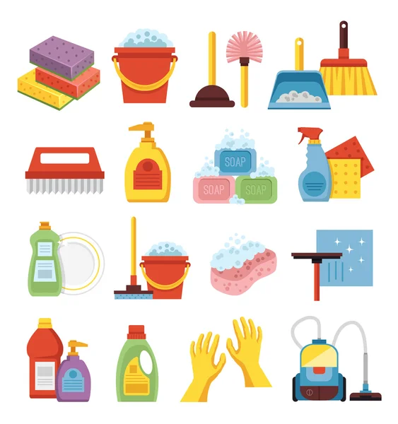 Conjunto de artículos para el hogar e iconos planos de limpieza . Vectores de stock libres de derechos