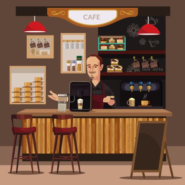 Kahve barı ve barista. Vektör düz çizim