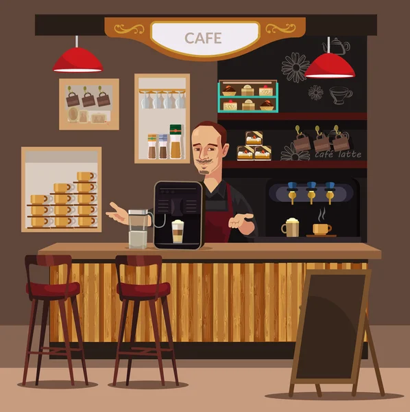 Koffiebar en barista. Platte vectorillustratie — Stockvector