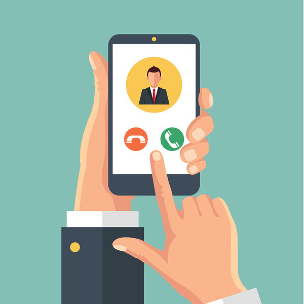 Входящий звонок на экране смартфона. Векторная плоская иллюстрация
